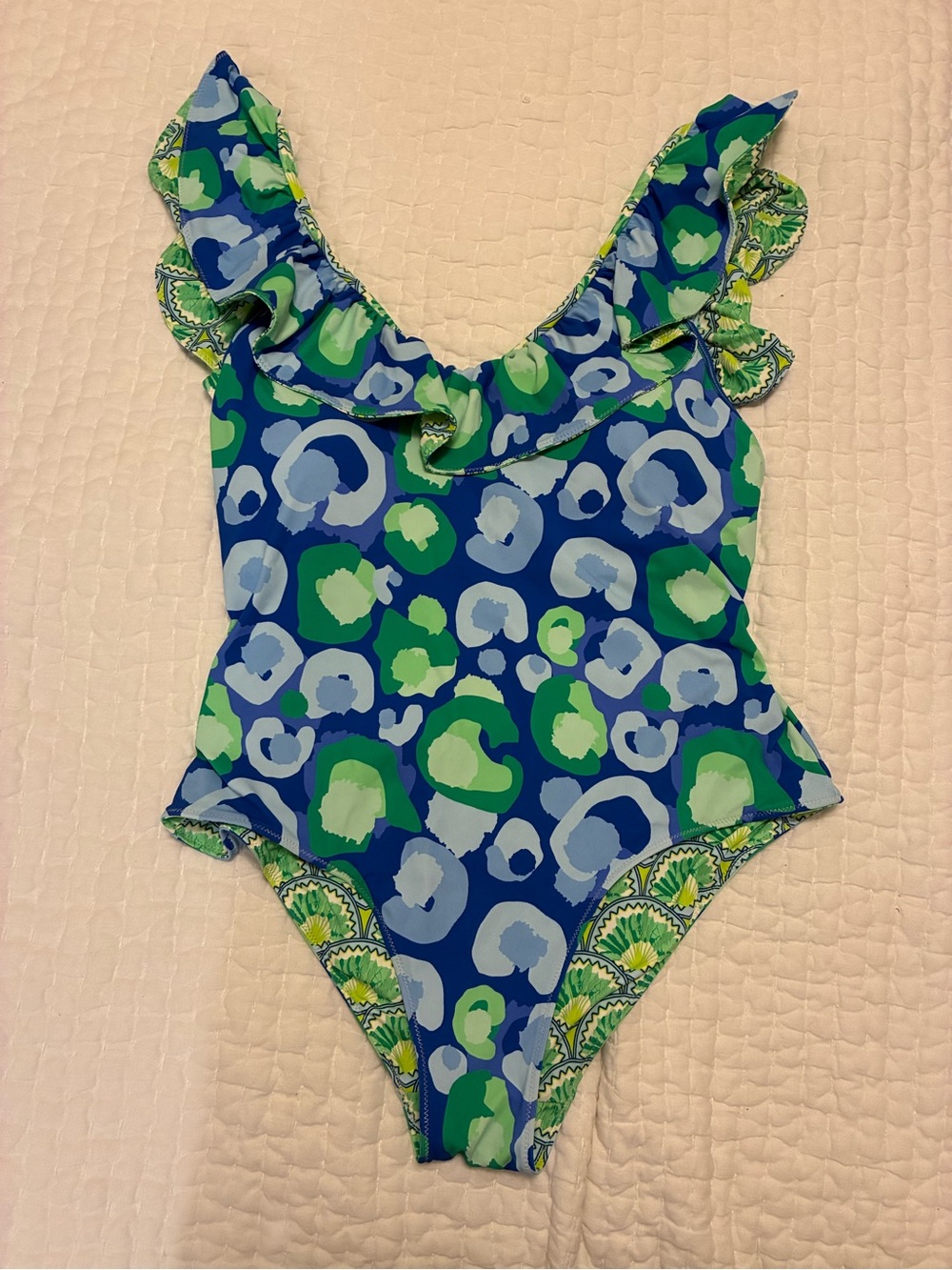 Women’s Reversible One-Piece Swimsuit with Ruffle - Blue & Green Print